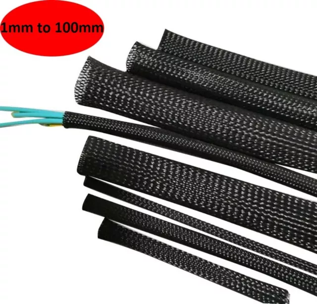 Black 1mm -100mm Braided Cable Sleeving Expandable Wire Harness Auto Sheathing