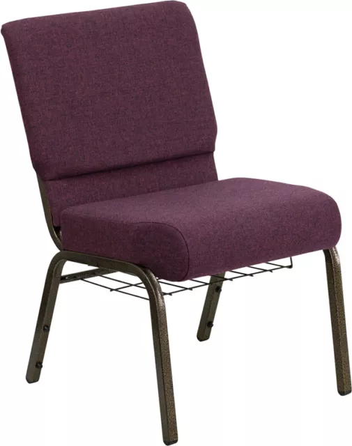 10 PACK 21'' Wide Plum Fabric Church Chair with Book Rack and Gold Vein Frame
