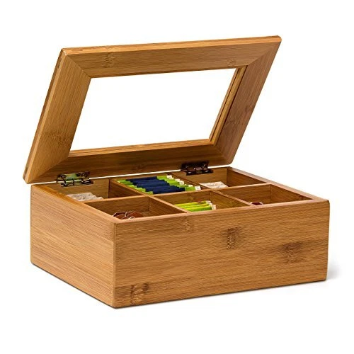 Relaxdays Boîte à thé, effet bois, 7 compartiments rangement sachet tisane, coffret fenêtre, HxLxP : 8x25x25,5 cm, blanc - Maison