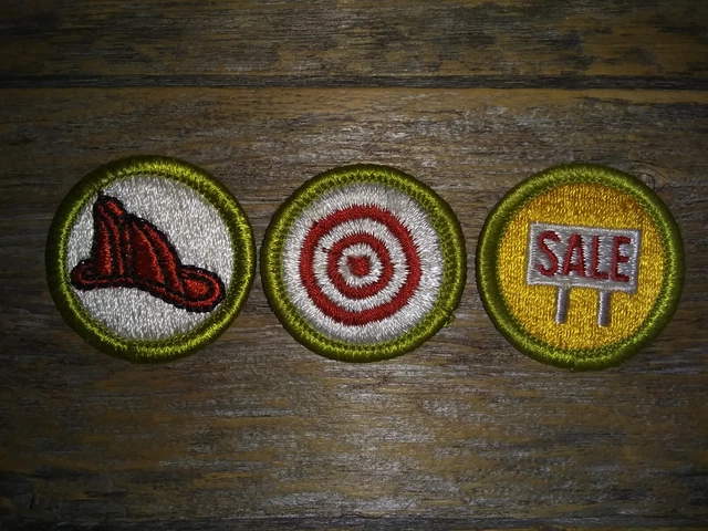 New 3-Patch Lot: Fireman's Helmet Firing Target Circles & Sale Sign Mini Patches
