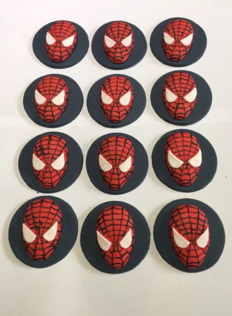 12 x SPIDER MAN CUPCAKE TOPPER FONDANT, ICING SUGAR EDIBLE BIRTHDAY PARTY CAKE