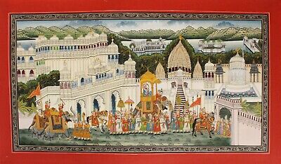 Rajasthan Peinture Miniature De Mewar Cortege Art Sur Soie Tissu 20x12 Inches