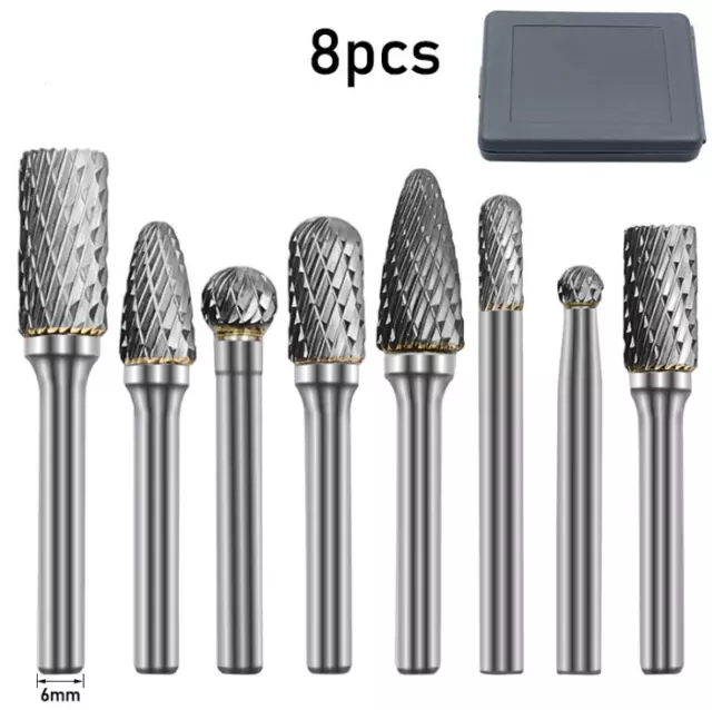 8Pcs Carbide Rotary Burr Bur Die Grinder Bit Head Tungsten Steel 1/4" 6mm Shank