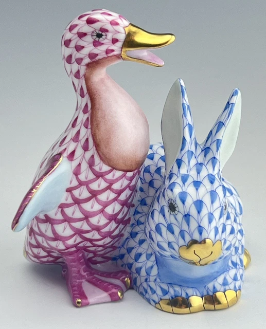 🦋 HEREND MINT Bunny Rabbit & Duck Bird Blue & Raspberry Fishnet Figurine ($595)