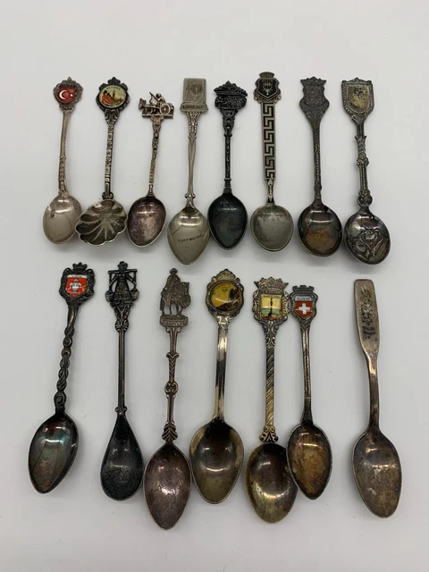 Lot of 15 Silver plated, marked Vintage collector spoons various locations WOW!