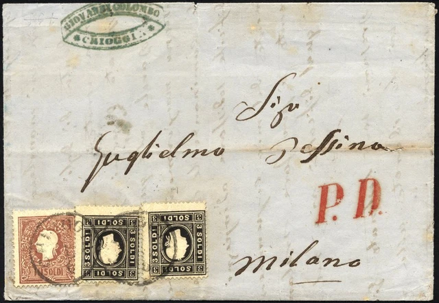 LOMBARDEI UND VENETIEN 7IIa,10II BRIEF, 1862, 3 So. schwarz (2x) und 10 So. lila