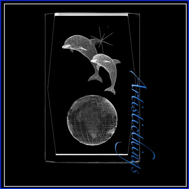 DOLPHINES-WORLD-GLOBE, Laser Crystal Paperweight Laser Etched 3D Image. FREESHIP