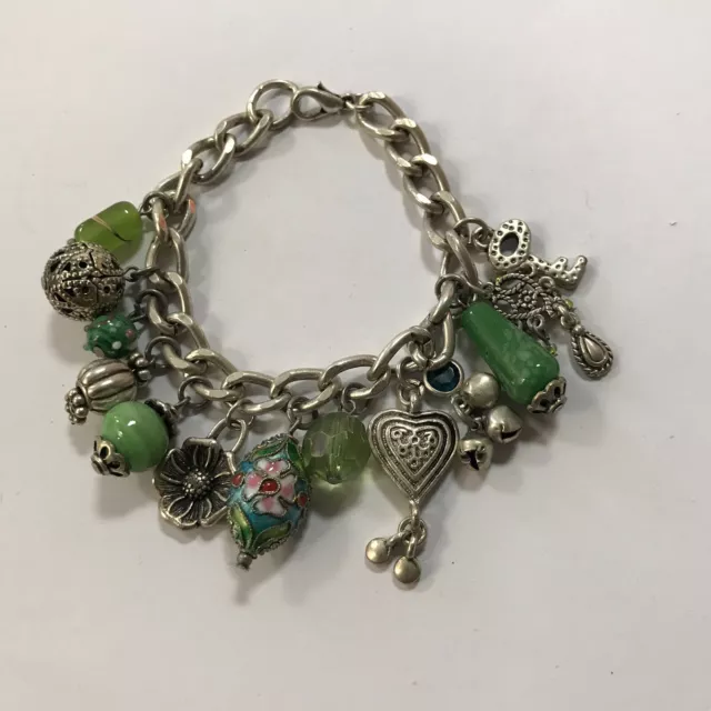 Y2k Chunky Charm Bracelet Silver Tone With Assorted Green Charms