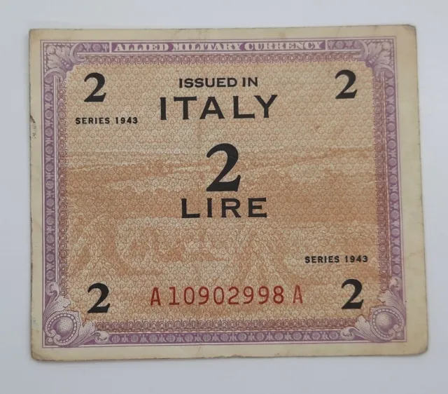 1943 -  Allied Military Currency, ITALY - 2 Lire Banknote, Bill No. A 10902998 A