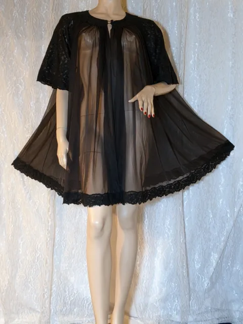 VINTAGE SHADOWLINE BLACK Chiffon Lace Lingerie Dressing Gown Peignoir ...
