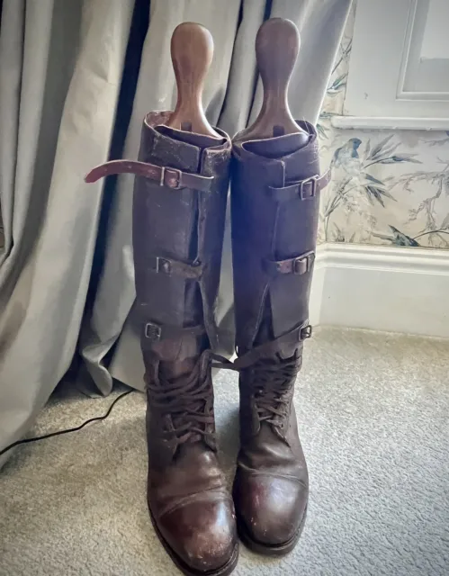 Antique Officers Men’s Leather Boots WW1 And Wooden Trees Size 13.5