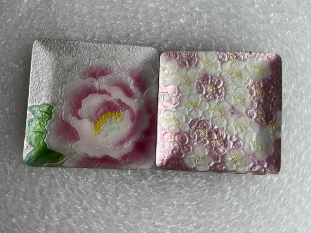2 Vintage Ando Cloisonne square 4 in plate fused art glass pink flowers floral
