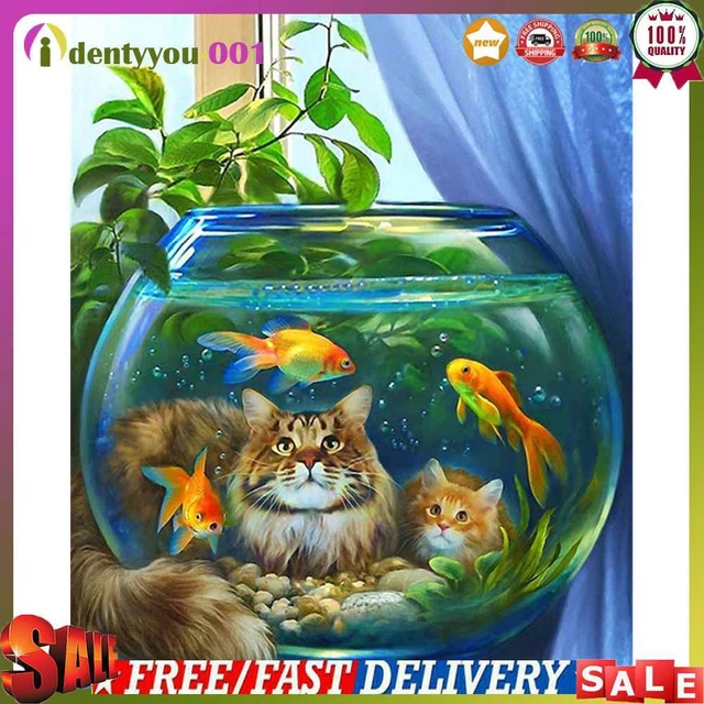 Kit de pintura al óleo parcial por números para pecera con miradas de gato (B1273)