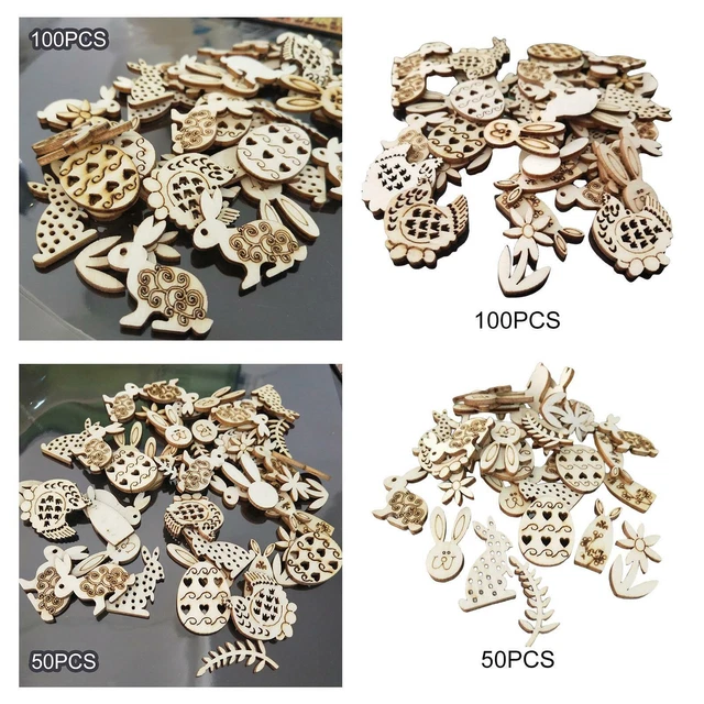 Unfertige Holzscheiben zum Aufhängen von Ostereiern, Holzchips, Kaninchen,