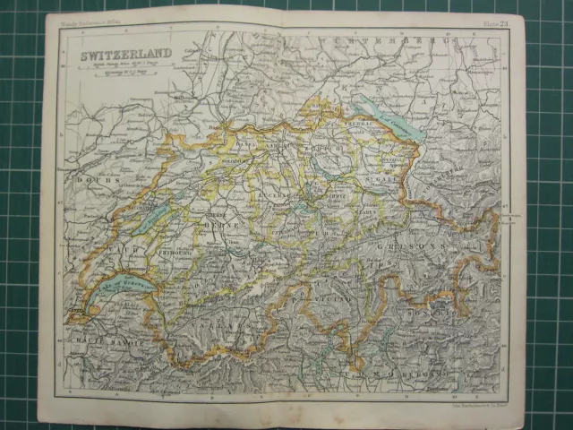 1904 Small Map ~ Switzerland ~ Vallais Berne Zurich Grison Vaud Geneva