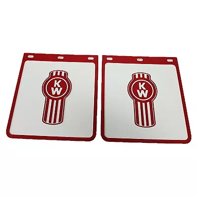 2x Kenworth Mudflap White/Red 23 x 25cm; ute; Mud Flap; Mudflaps; 4x4; 4WD; pair