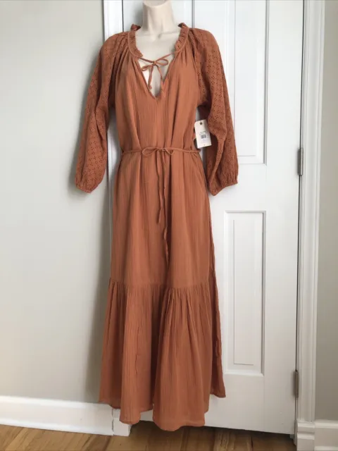 New Billabong Maxi Dress Size L 100% Cotton Boho Balloon Sleeve Vneck Orange NWT