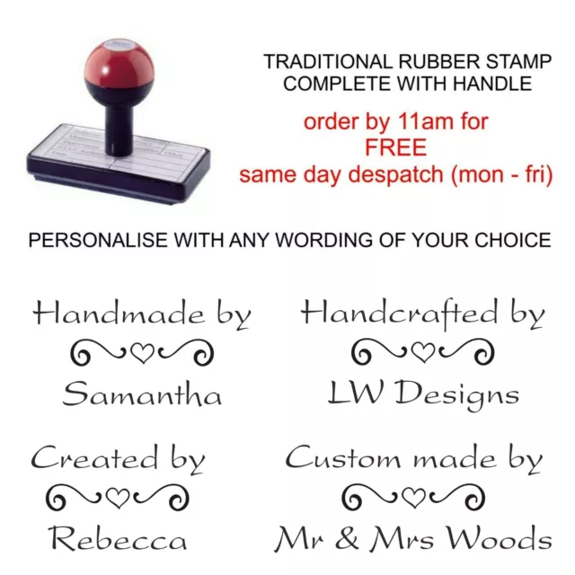 Personalised Handmade By Rubber Stamp Heart Scroll Image And Your Name  Business