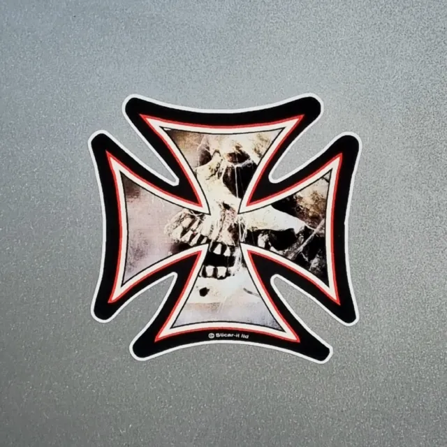 Skull Head In Cobwebs Iron Cross Vinyl Sticker Decal For Car Van Helmet 90x90mm