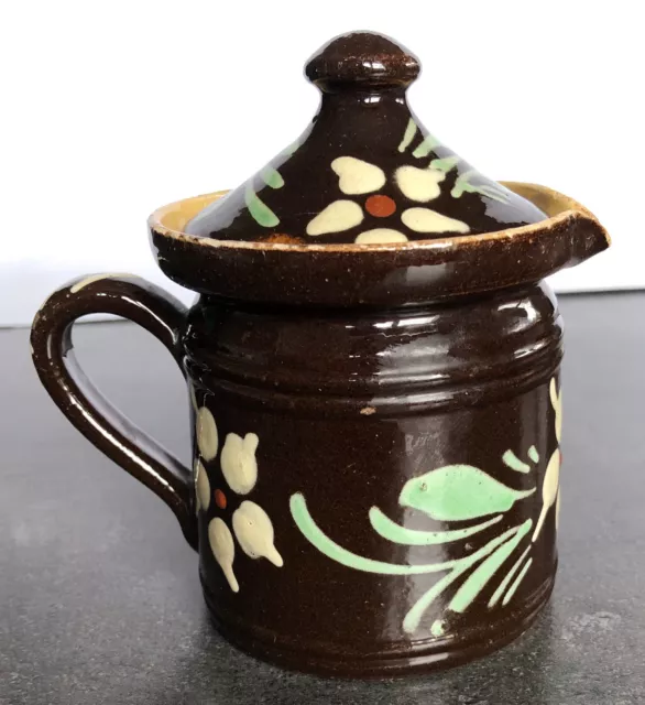 PICHET en POTERIE terre cuite vernissée décor fleur ALSACE Soufflenheim