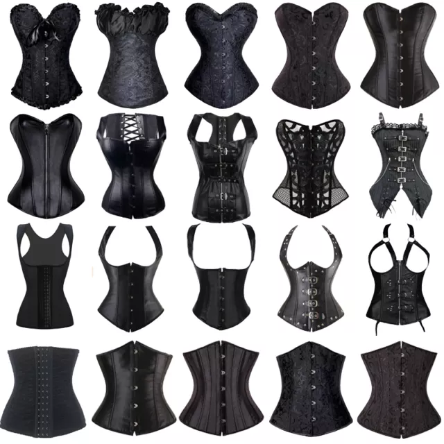 Black Punk Women Boned Waist Training Corset Overbust Lace Up Bustier Top Shaper