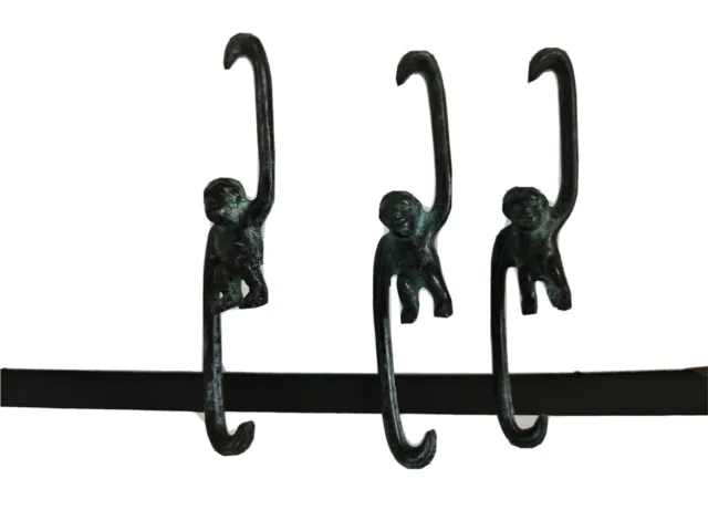 3 Large Monkey Hooks Plant Cast Iron Verdigris Hanger Hook Vintage
