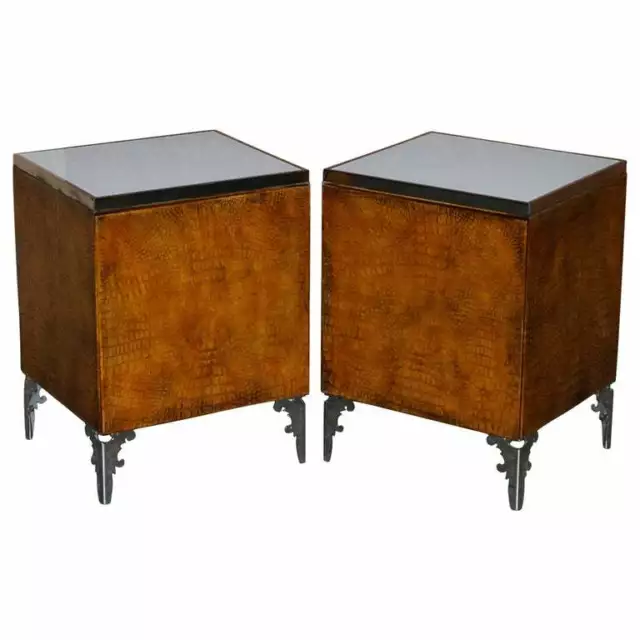 Pair Of Rrp £7,600 Ipe Cavalli Crocodile Leather Bedside Tables Chrome Finish