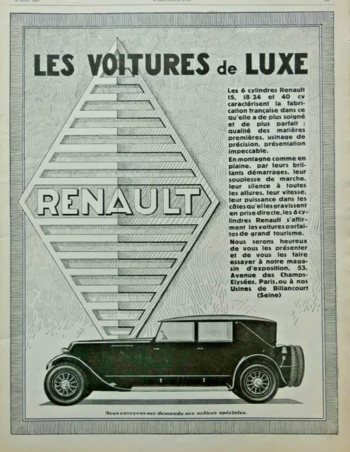 Publicité De Presse 1927 Automobiles Renault La 40 Hp 6 Cylindres De Luxe