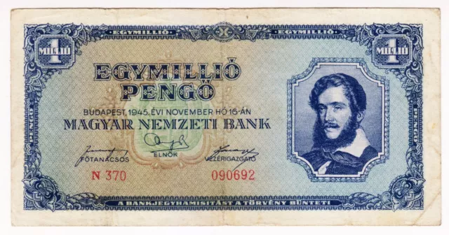 1945 Hungary 1 Million Pengo 090692 Paper Money Banknotes Currency