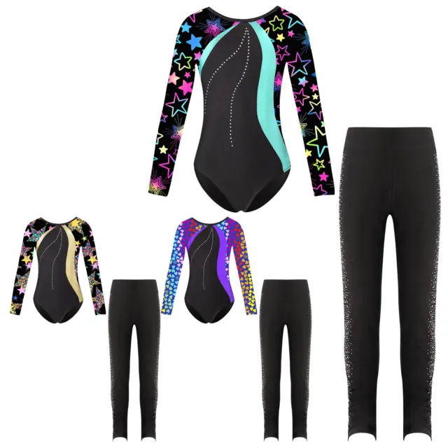 Kids Girls Leotard Suit Set Stretchy Outfit Mesh Hoodie Sparkly Dancewear Pants