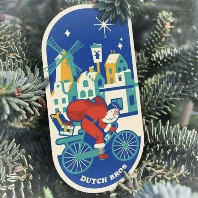 DUTCH BROS STICKER DECEMBER 2021 Santa on Bicycle Holiday Christmas
