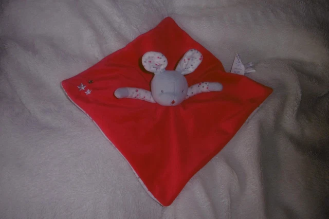 Doudou Plat Obaibi Okaidi Lapin Rouge et Gris Etoile  NEUF