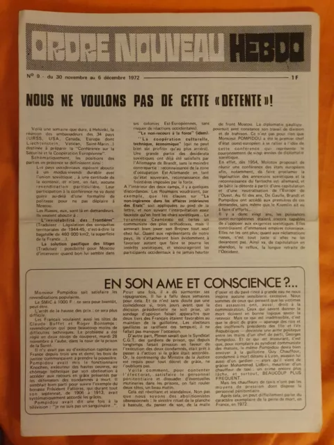 ORDRE NOUVEAU HEBDO n°9, nov-déc 1972, Nous ne voulons pas de cette "détente" !