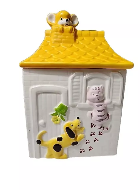 Vintage Ceramic Cookie Jar Yellow Roof House With Mouse Cat Dog Made in Japan