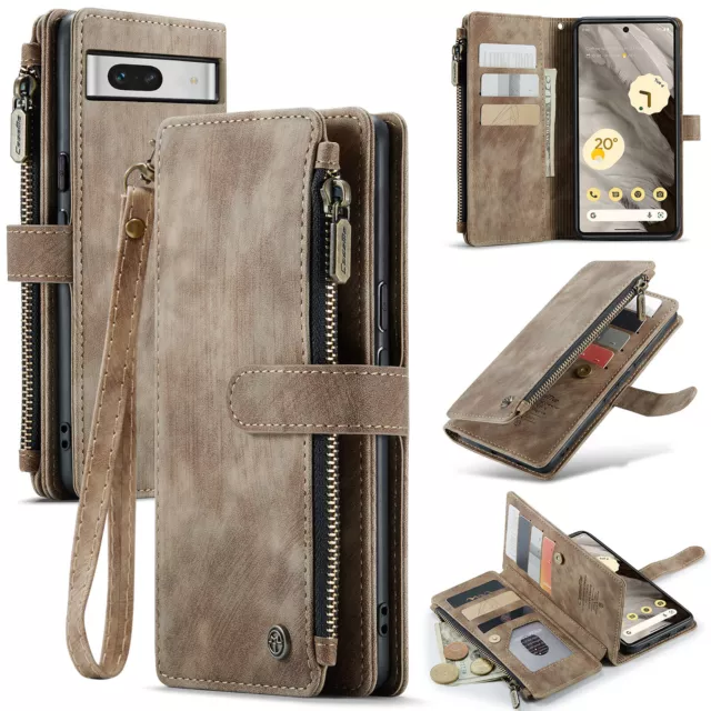 For Google Pixel 6 7 Men's Leather Zipper Card Holder Wallet Magnetic Phone Case