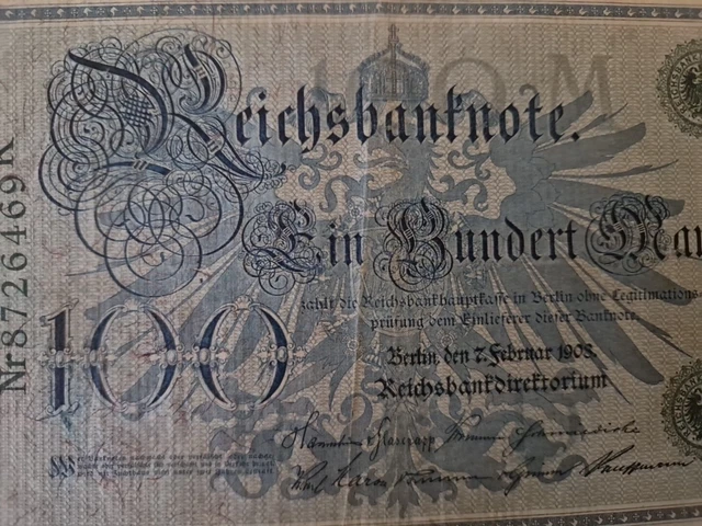 Reichsbanknote 100 Mark 7 Februar 1908 Wert REICHSBANKNOTE GELDSCHEIN DEUTSCHE Ein Hundert 100 Reichs-Mark 07