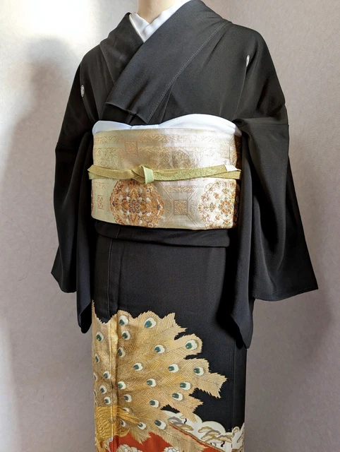 Japanese Kimono Tomesode Antique Silk Fabric Black Floral Peacock Kimono only 2