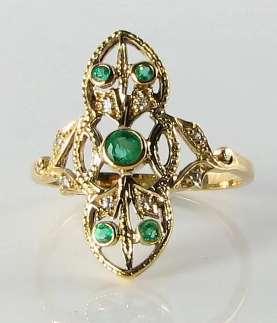 Long 9K 9Ct Gold Colombian Emerald & Diamond Art Deco Ins Ring Free Resize