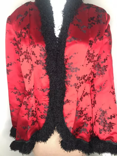 Lee Andersen Womens XS Red/Black Embroidery Oriental Blazer Trim 100% Silk New