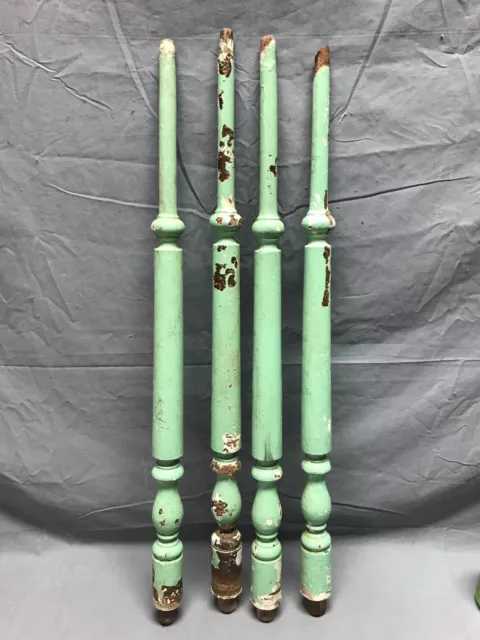 Set 4 Antique Turned 27" Wood Spindles Shabby Apple Green Chic VTG Old 68-23B