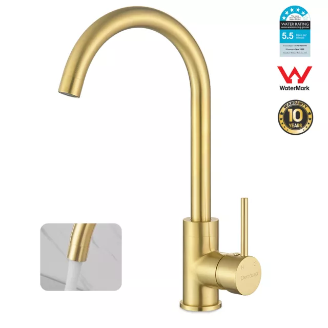 WELS Brass Brushed Gold Kitchen Mixer Tap 360° Swivel Spout Laundry Sink Faucet