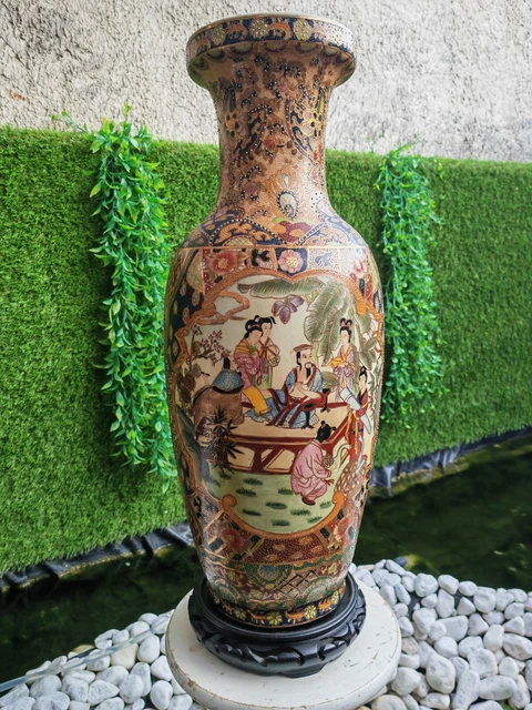 Imposant Vase Chinois Vintage sur Socle en Bois Noir Céramique Émaillée