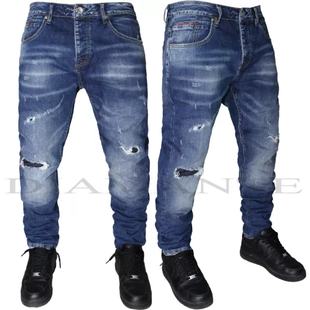 Jeans uomo Denim strappati pantaloni strappi foderati regular elasticizzati 393