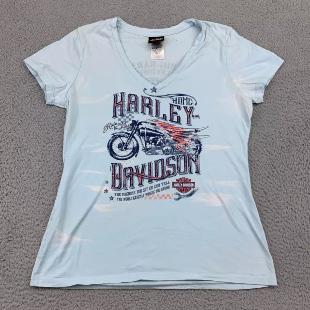 Harley Davidson Shirt Womens Large Blue V-Neck Motorcycle Cap Sleeve 100% Cotton
