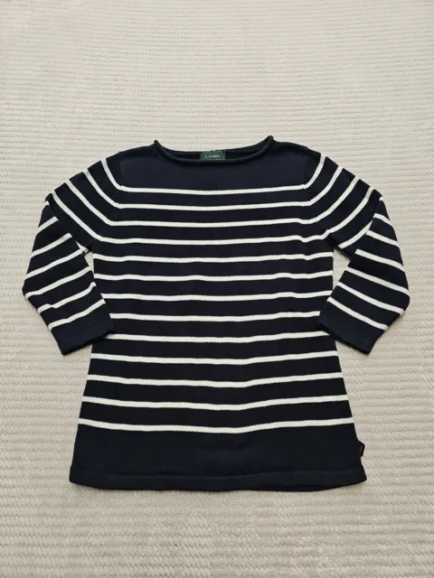 Lauren Ralph Lauren Sweater Womens Medium Blue & White Striped 3/4 Sleeve