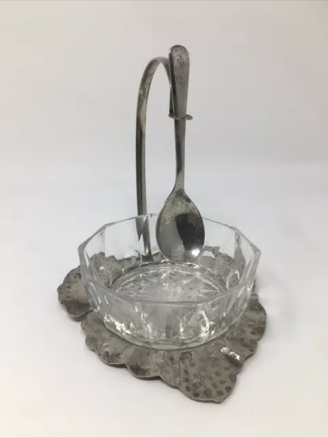 Reims France Glass Sugar Nut Relish Bowl Caddy w/ Leonard￼ Silver Plated Spoon