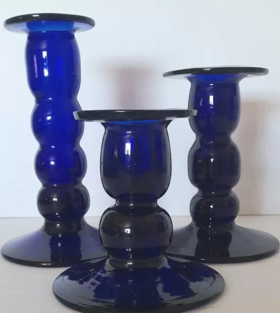 Cobalt Blue Hand Blown Art Glass Candle Stick Holders Stacked Balls Set Of 3