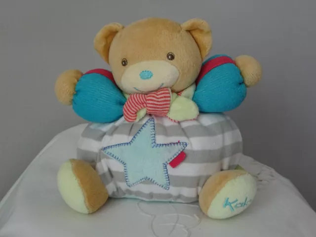 Doudou Boule Ours  Hochet Kaloo  20 Cm Raye Blanc Gris Turquoise Etoile Bleue