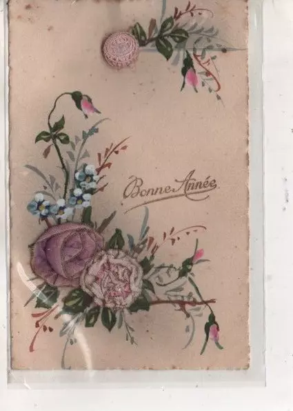 Cpa.Ajoutis.Collage.Bonne année.roses en tissu et autour fleurs,feuilles peintes