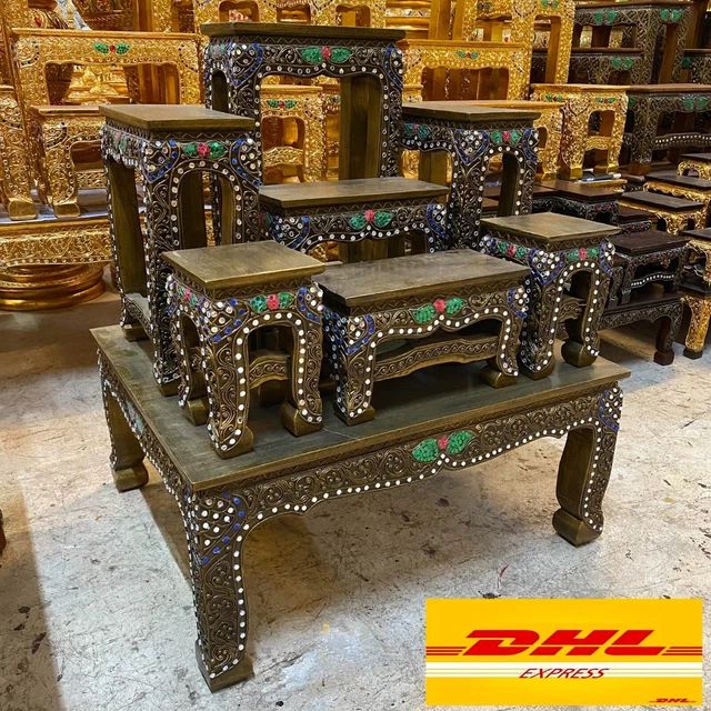 Set 8 Altar Worship Thai Buddha Teak Wood Table Antique Gold 60x50x69 cm Express